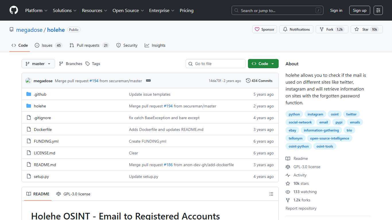 GitHub - megadose/holehe: holehe allows you to check if the mail is used on different sites like twitter, instagram and will retrieve information on sites with the forgotten password function.